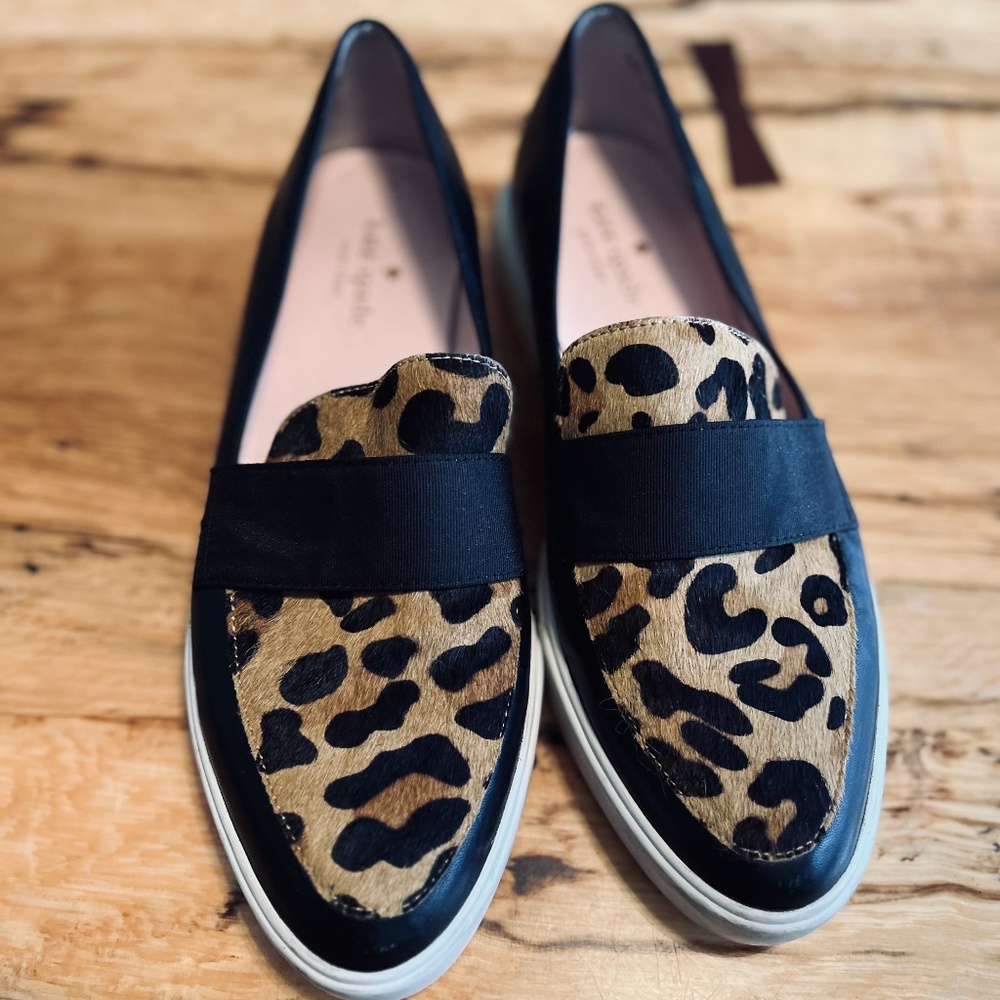 KATE SPADE New York Women's Loafers Black Leather Real fur leopard dyed "9m"